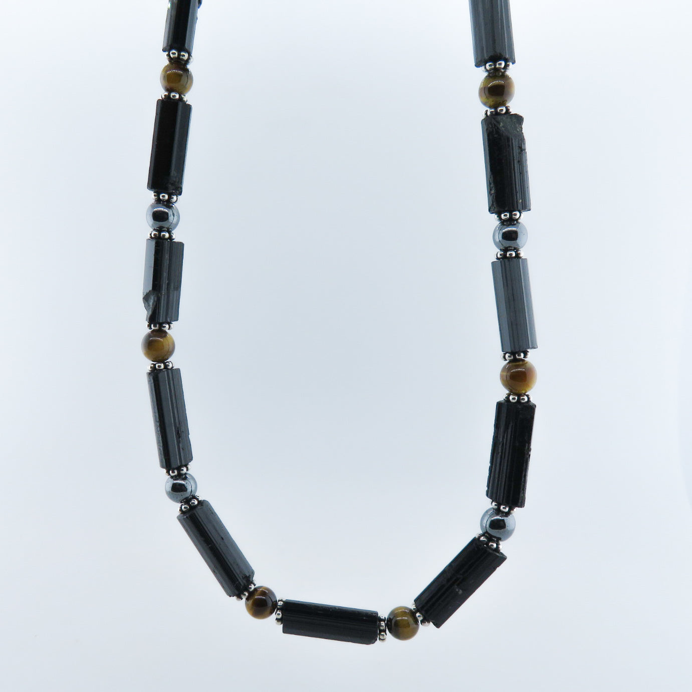 Black Tourmaline Necklace with Tiger's Eye, Hematite and Silver Beads