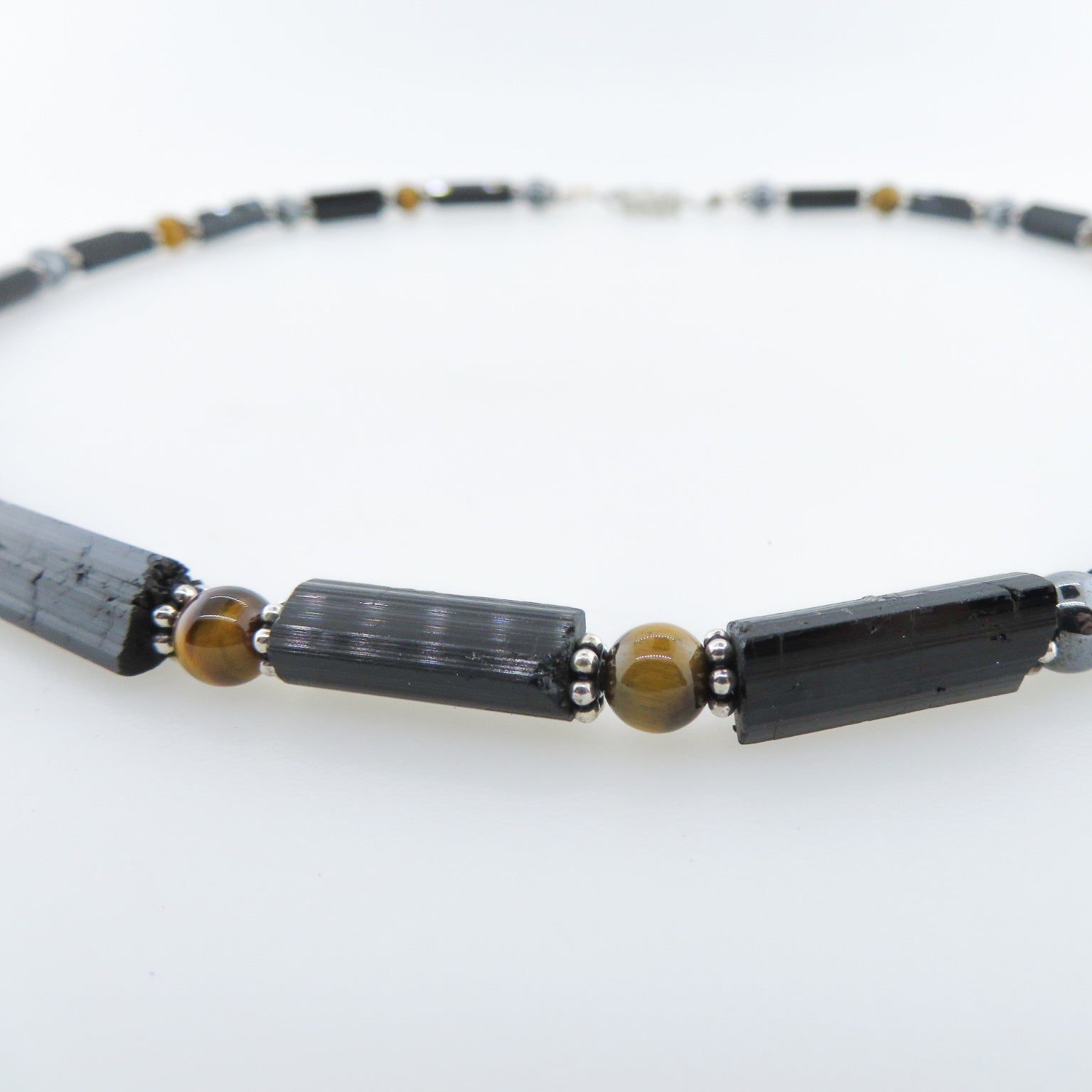 Black Tourmaline Necklace with Tiger's Eye, Hematite and Silver Beads