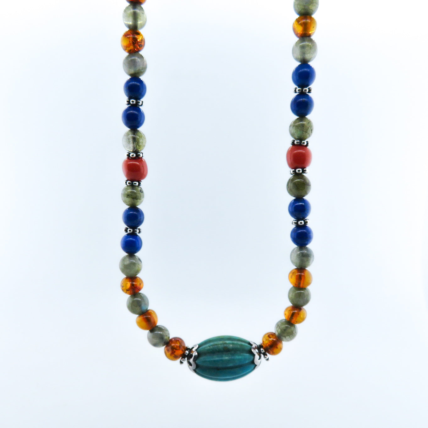 Mixed Stone Beads (Turquoise, Amber, Labradorite, Lapis Lazuli, Italian Red Coral) with Silver Beads