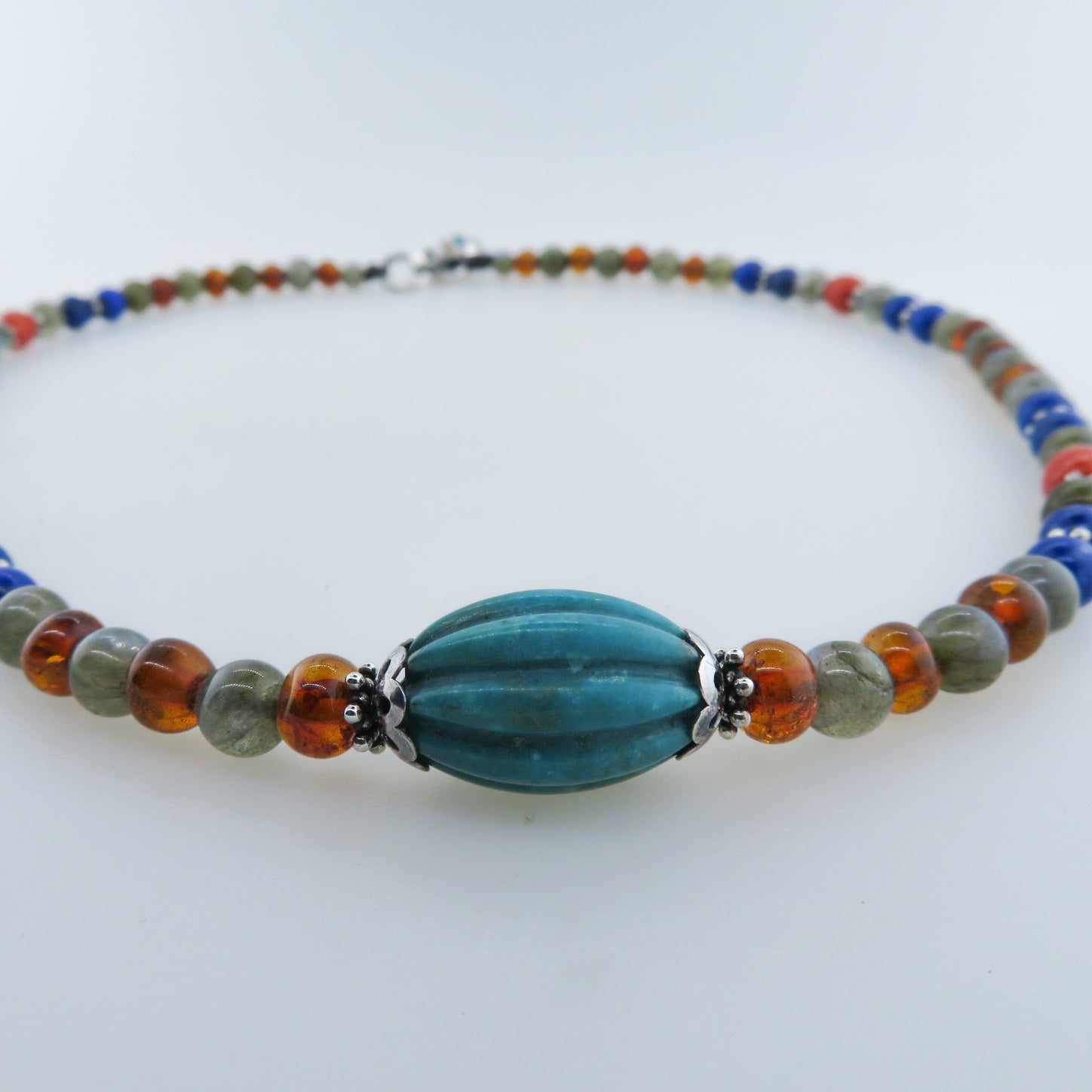 Mixed Stone Beads (Turquoise, Amber, Labradorite, Lapis Lazuli, Italian Red Coral) with Silver Beads