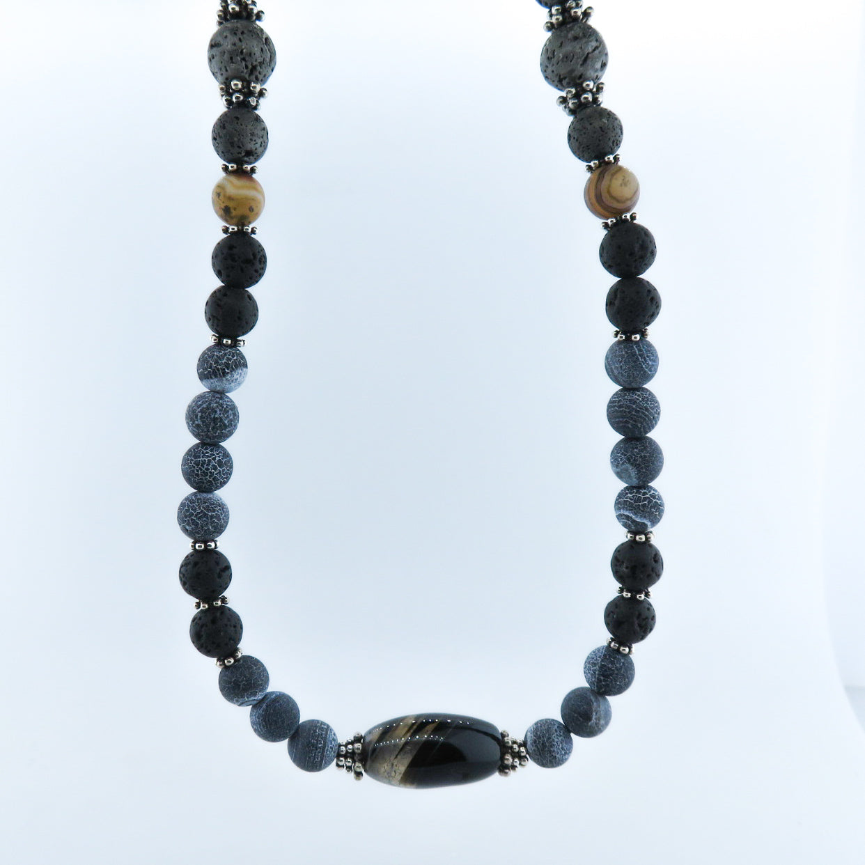 Agate Beads Necklace with Lava and Silver Beads