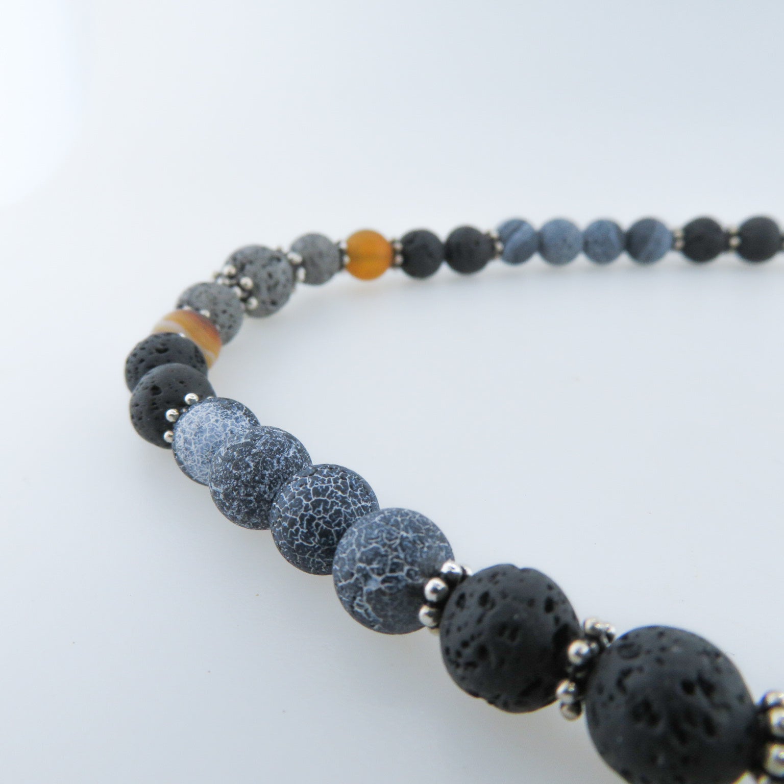 Agate Beads Necklace with Lava and Silver Beads