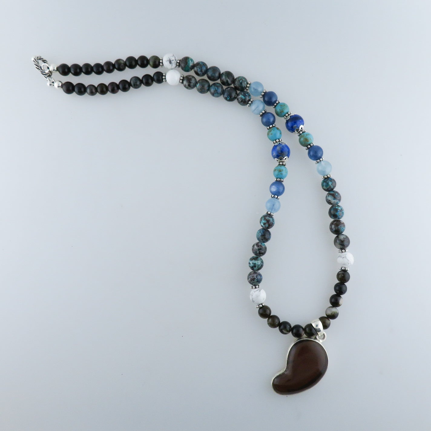 Amber Necklace with Chrysocolla, Aquamarine, Lapis Lazuli, Turquoise, Kyanite and Silver Beads.with Lava and Silver Beads