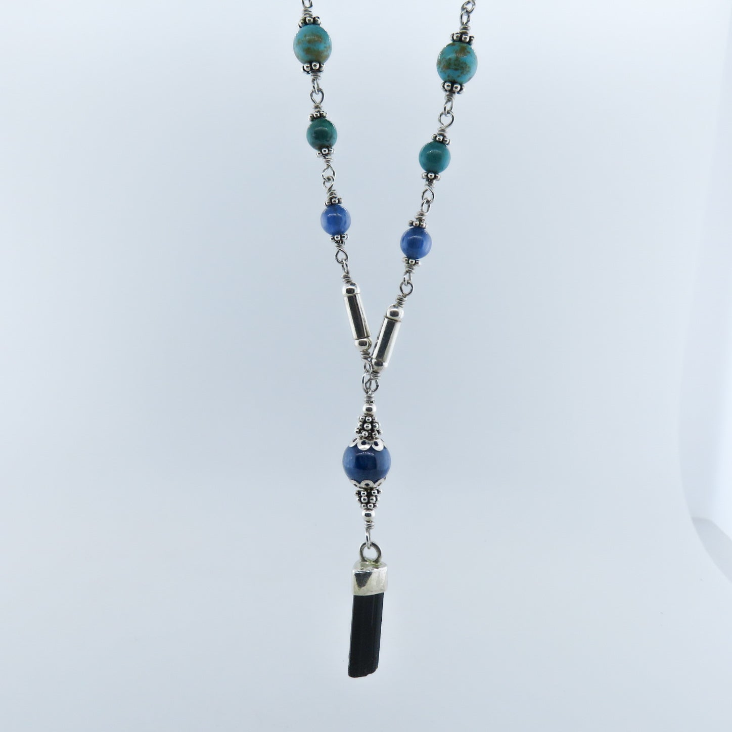 Black Tourmaline Necklace with Kyanite, Turquoise and Sterling Silver