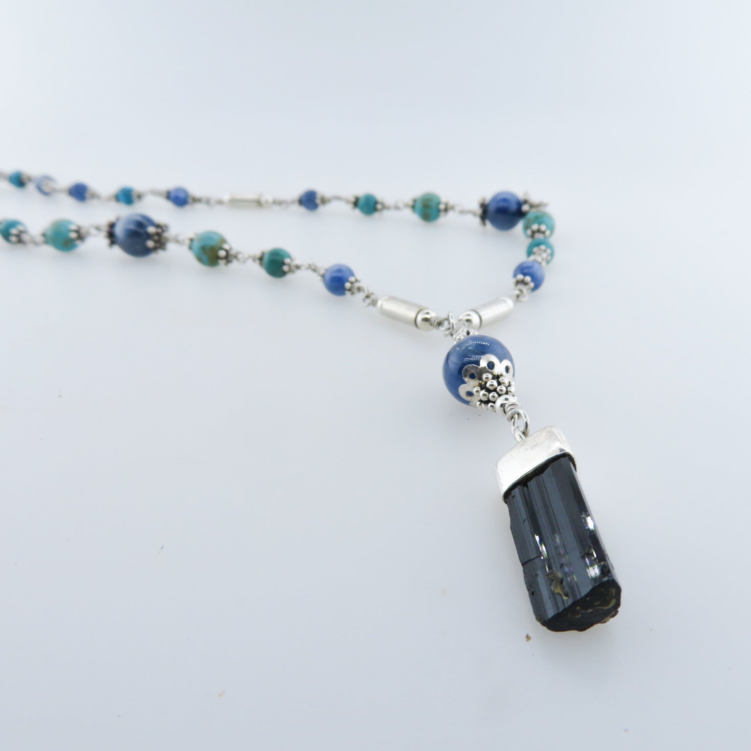 Black Tourmaline Necklace with Kyanite, Turquoise and Sterling Silver
