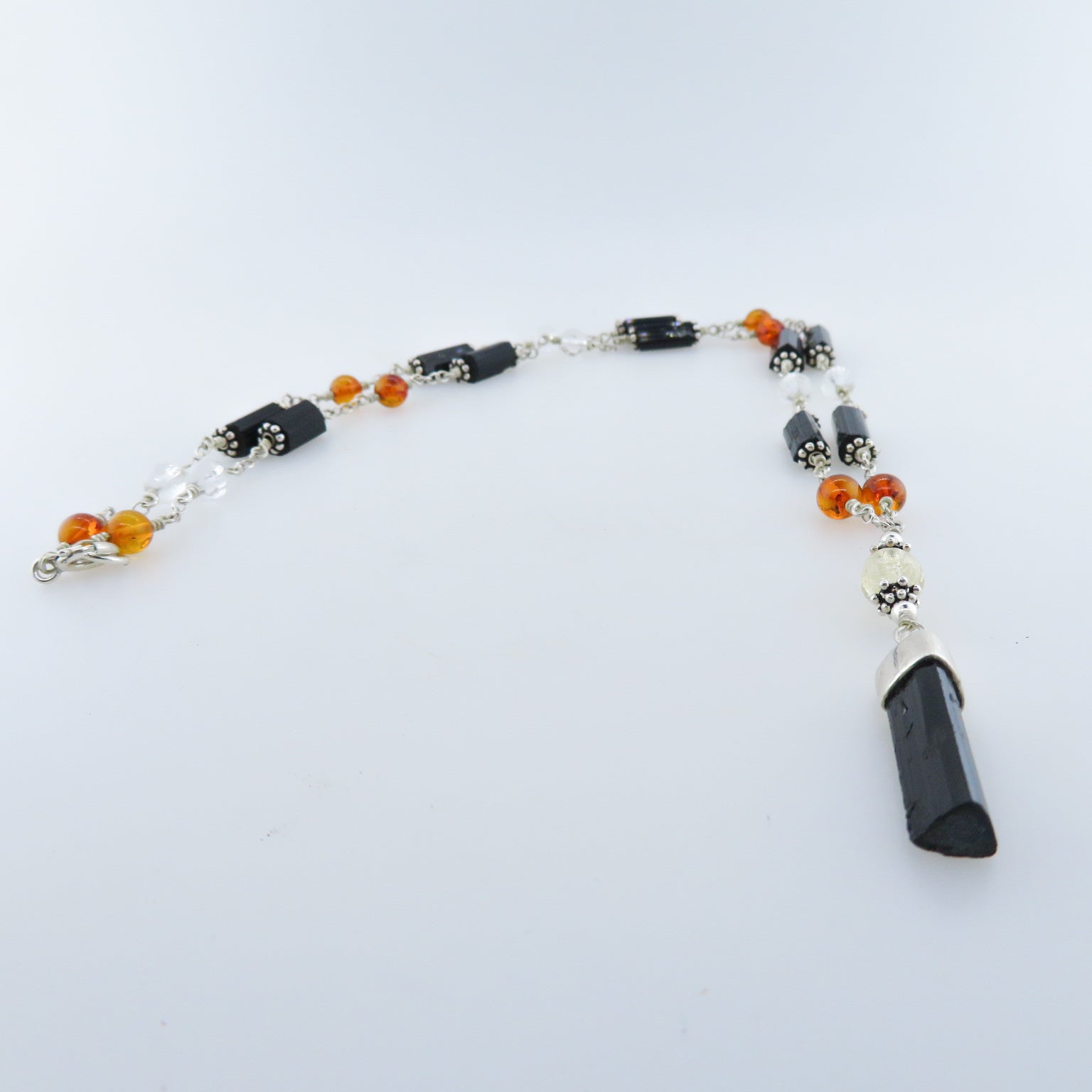 Black Tourmaline Necklace with Amber, Crystal, Citrine and Sterling Silver