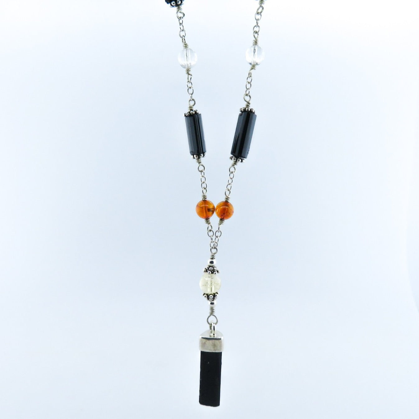 Black Tourmaline Necklace with Amber, Crystal, Citrine and Sterling Silver
