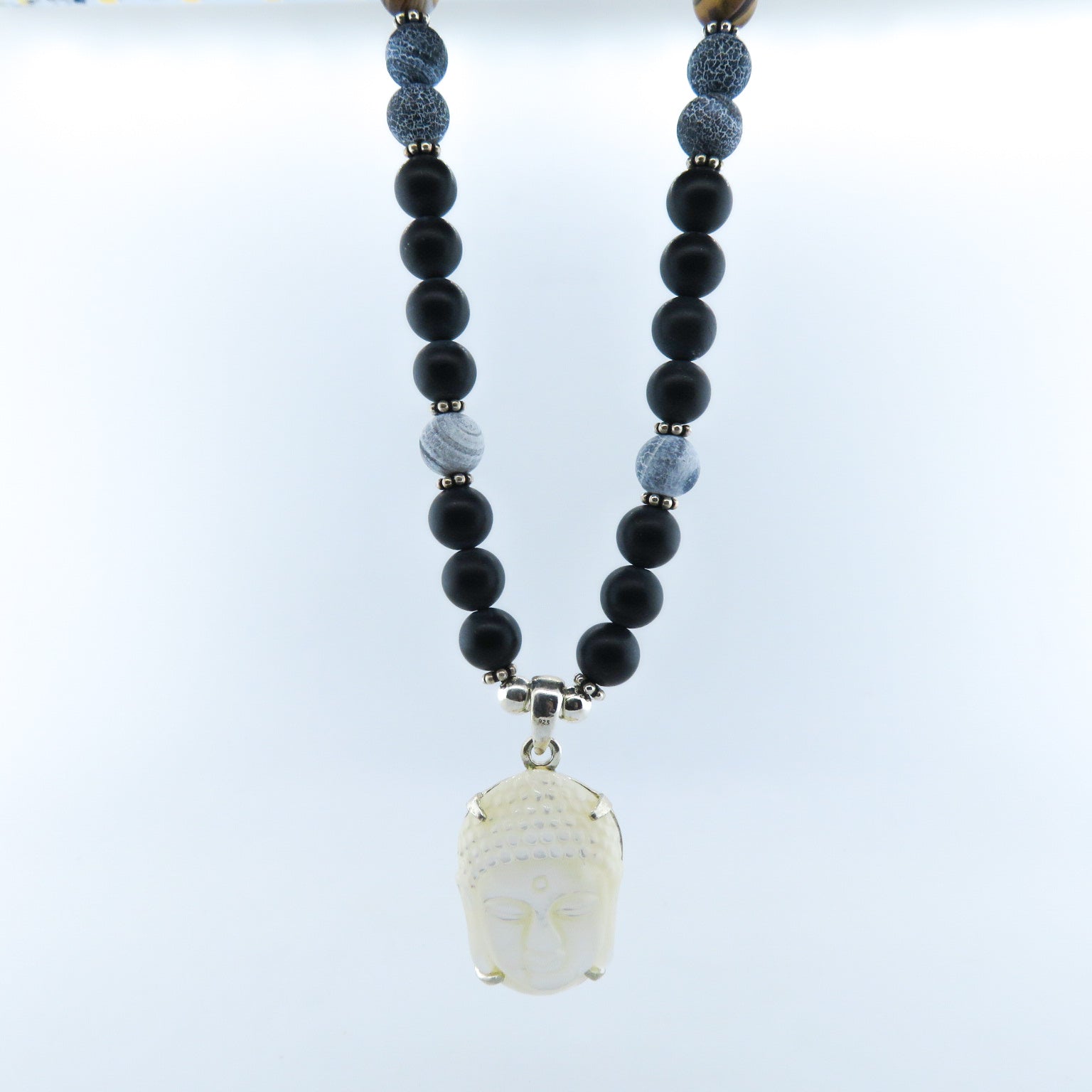 Mother of Pearl Buddha Head Necklace with Black Onyx, Agate, Lava and Silver Beads