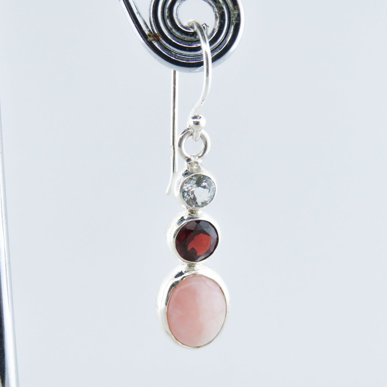 Pink Opal Sterling Silver Earrings with Garnet and Aquamarine