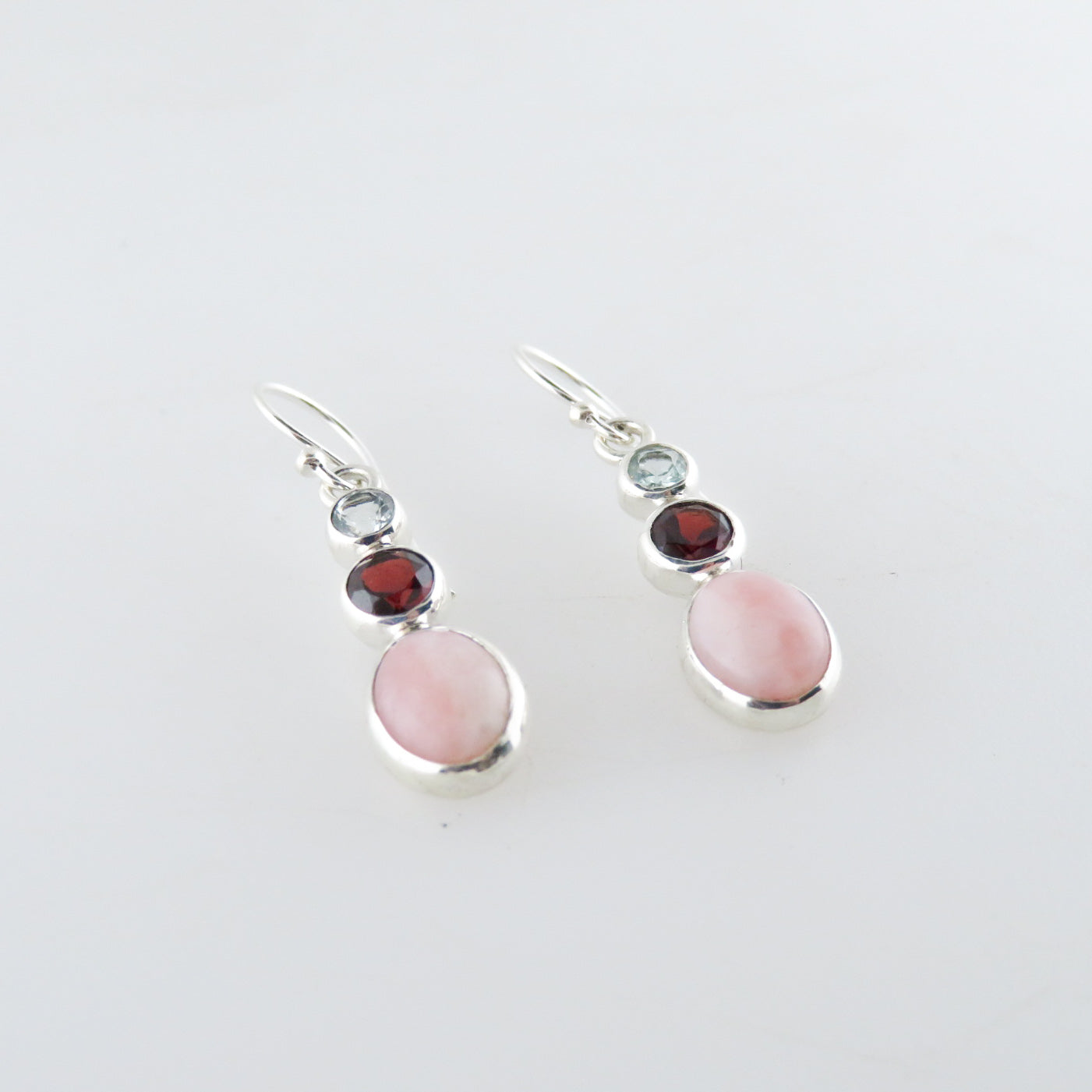 Pink Opal Sterling Silver Earrings with Garnet and Aquamarine