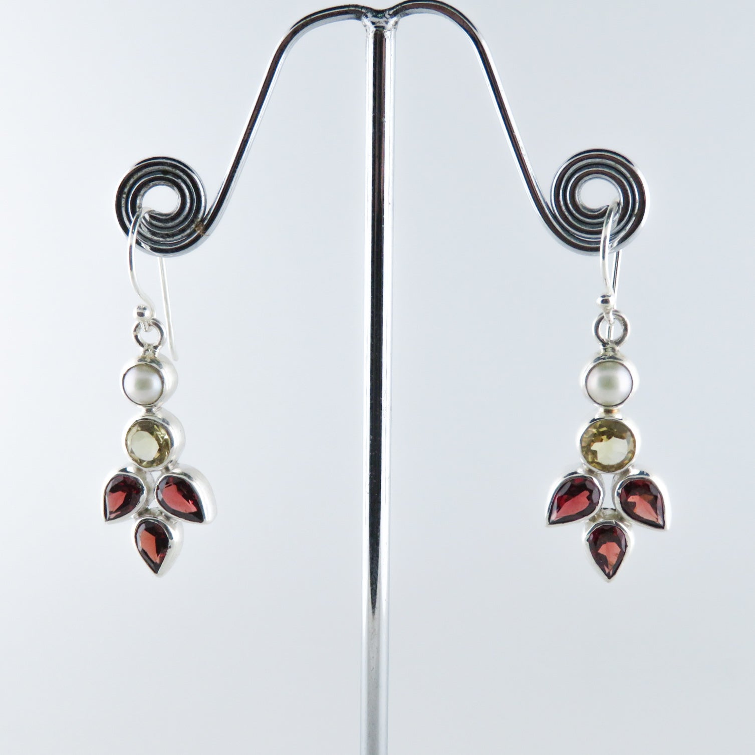 Citrine Sterling Silver Earrings with Garnet and Fresh Water Pearls