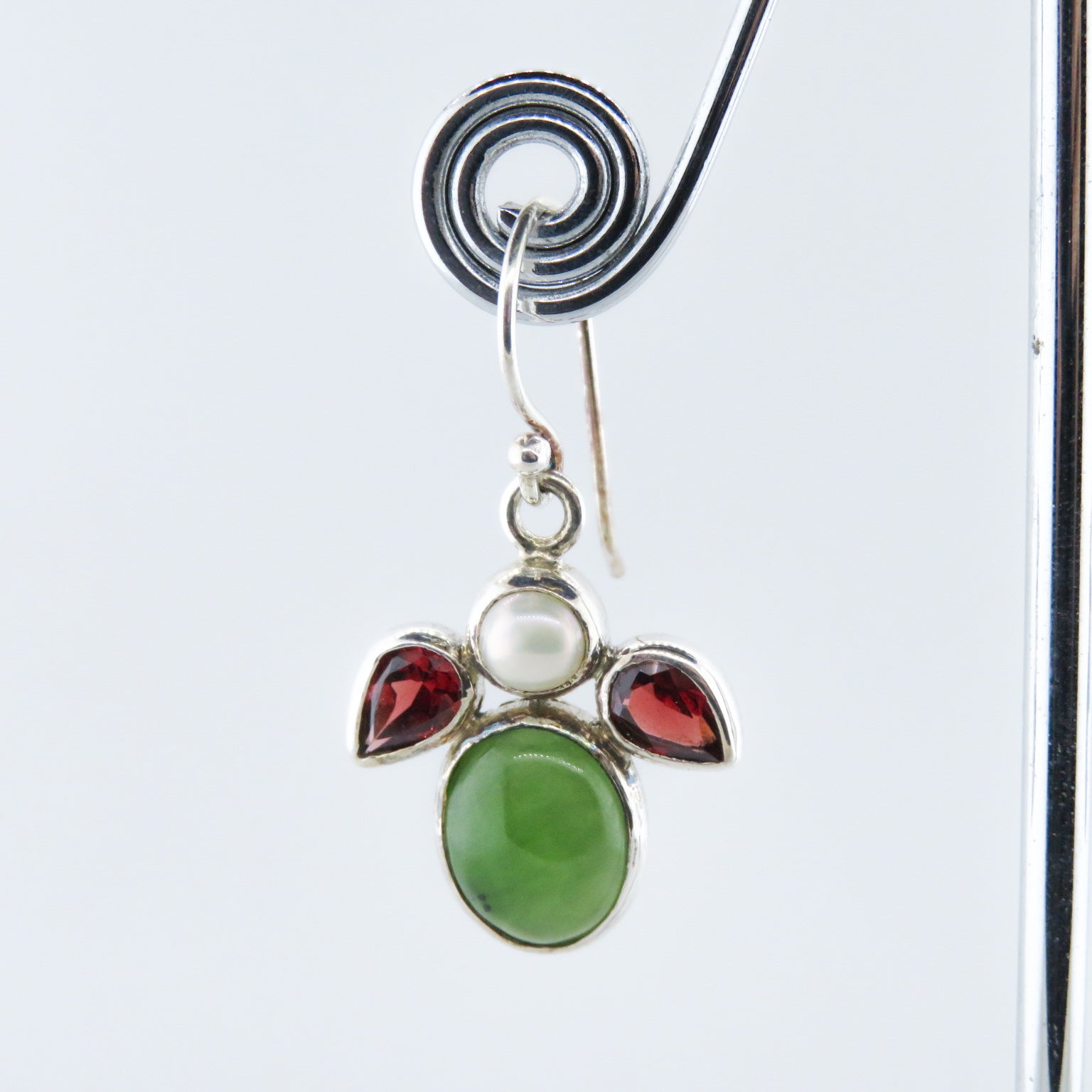 Nephrite Sterling Silver Earrings with Garnet and Fresh Water Pearls