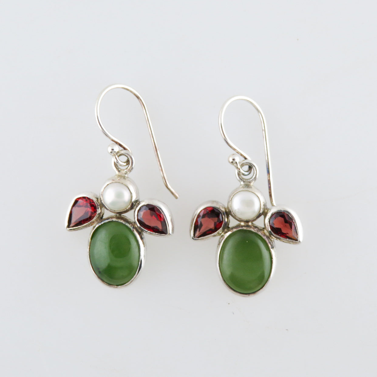 Nephrite Sterling Silver Earrings with Garnet and Fresh Water Pearls