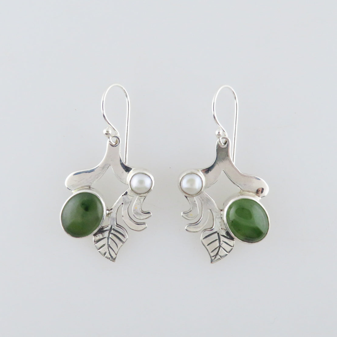 Nephrite Sterling Silver Earrings with Fresh Water Pearl