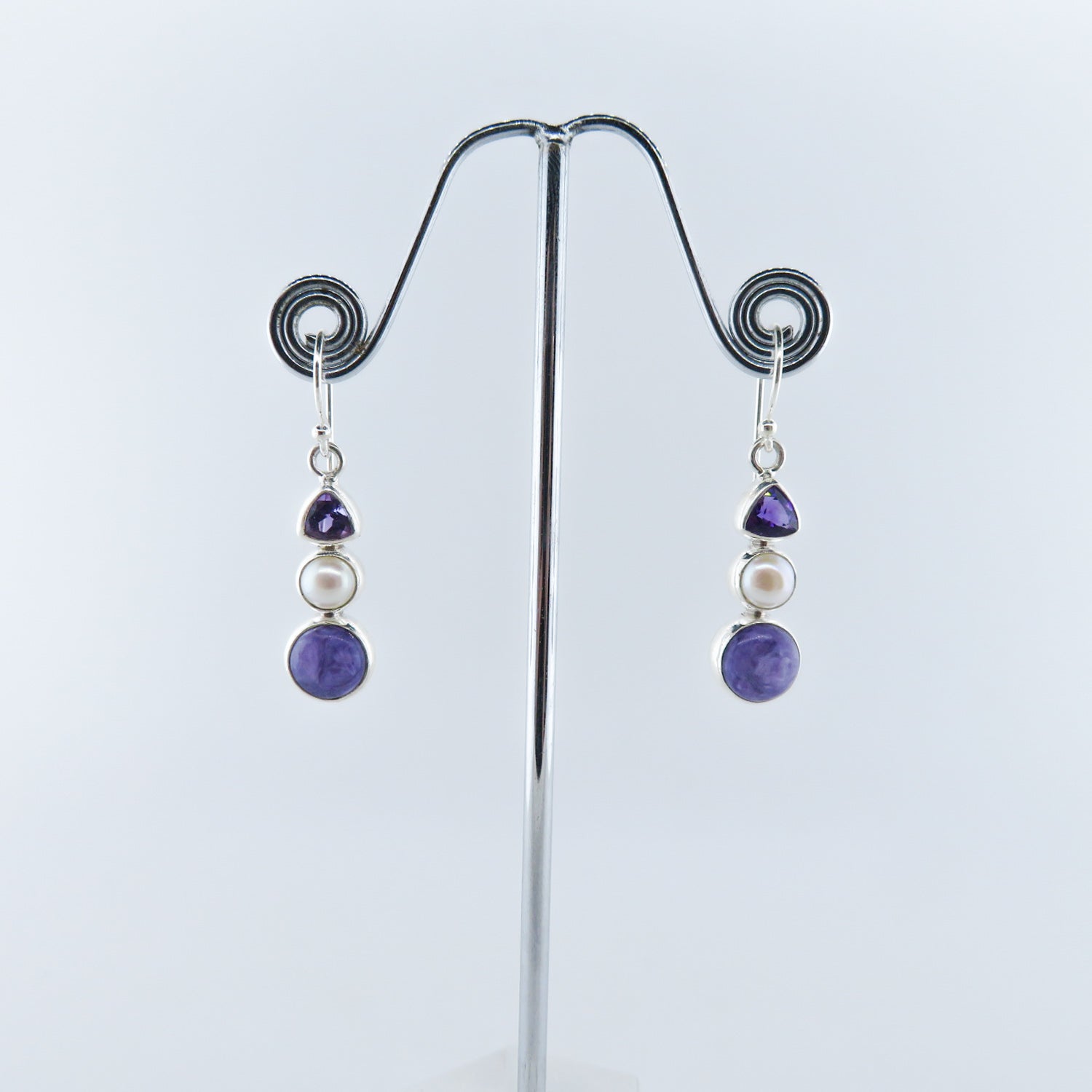 Charoite Sterling Silver Earrings with Amethyst and Fresh Water Pearls