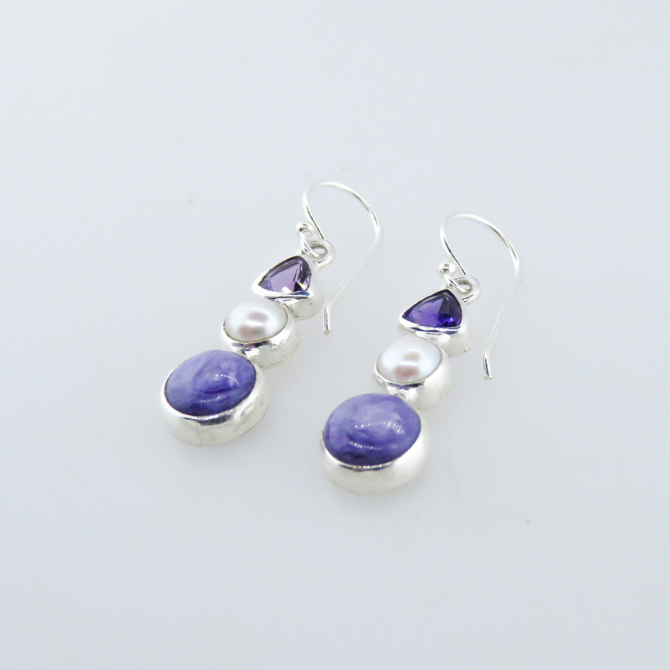 Charoite Sterling Silver Earrings with Amethyst and Fresh Water Pearls