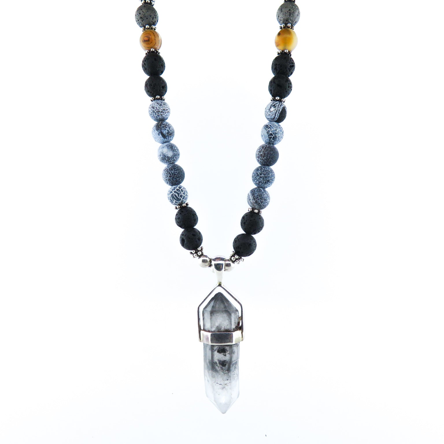 Agate Beads Necklace with Herkimar Crystal, Lava and Silver Beads