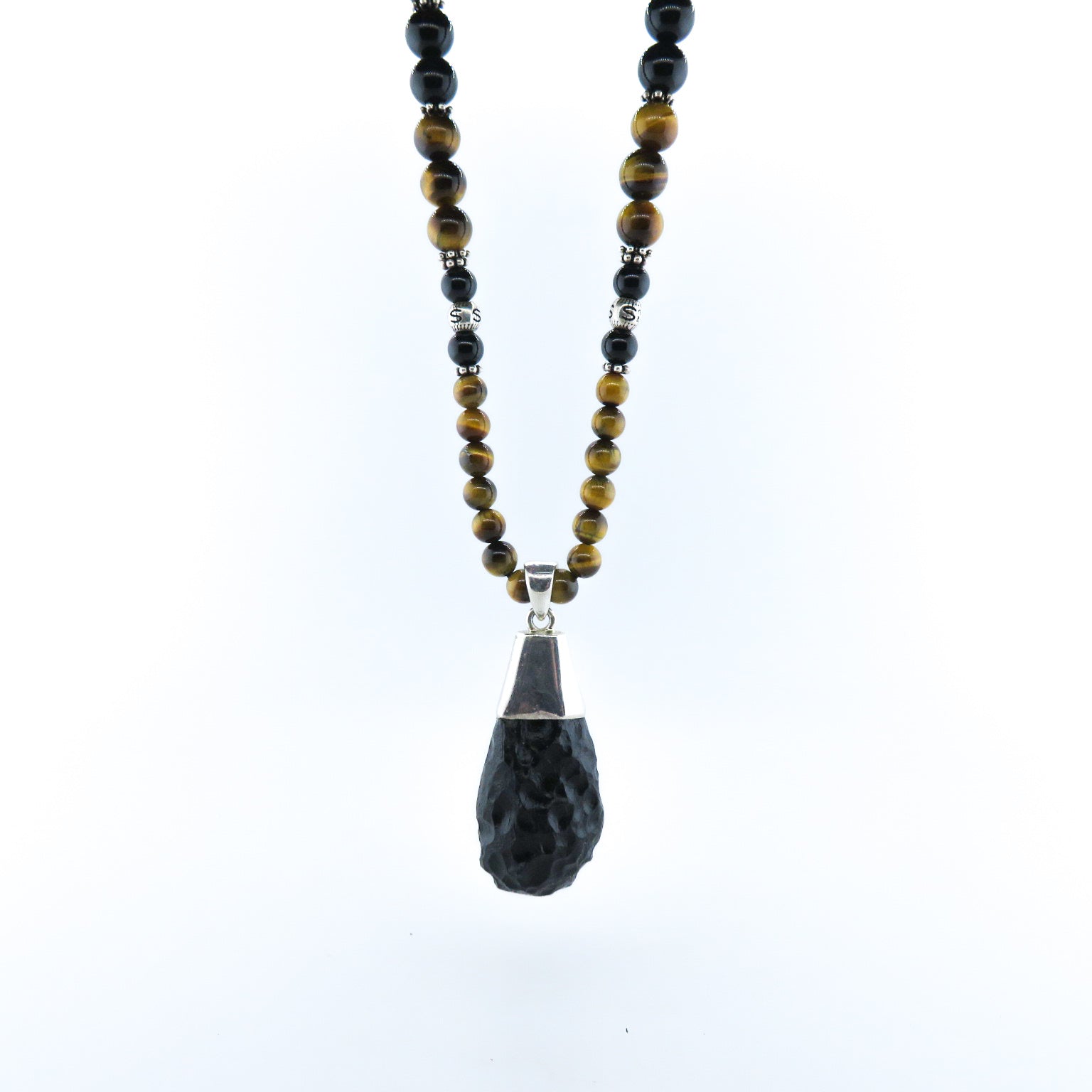 Tiger's Eye Necklace with Tektite (Meteorite), Black Onyx, Lava and Silver Beads