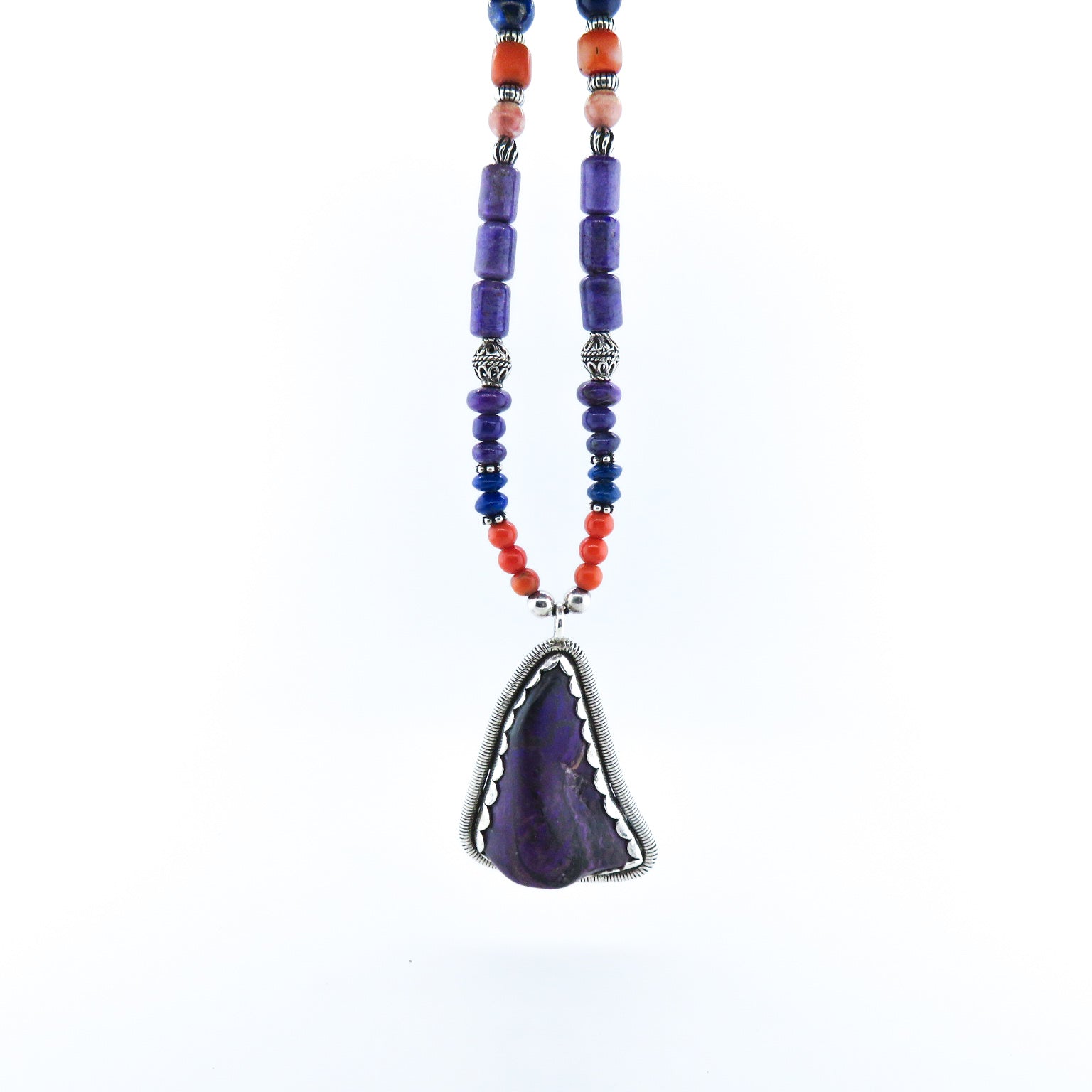 Sugilite Necklace with Red Coral, Lapis Lazuli, Rhodochrosite, Kyanite and Silver Beads