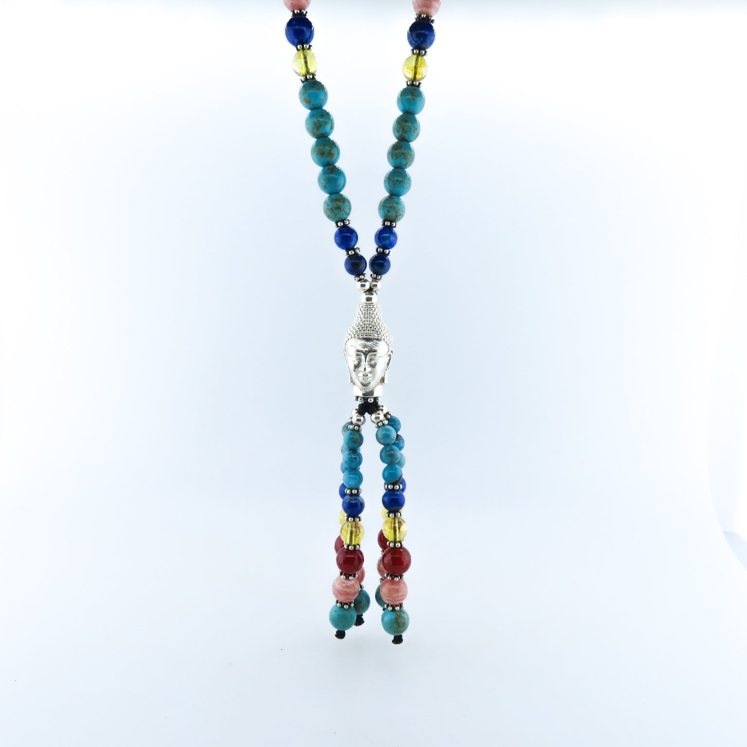 Turquoise Bead Necklace with Silver Buddha Head, Rhodochrosite, Carnelian, Citrine, Kyanite, Lapis Lazuli and Silver Beads
