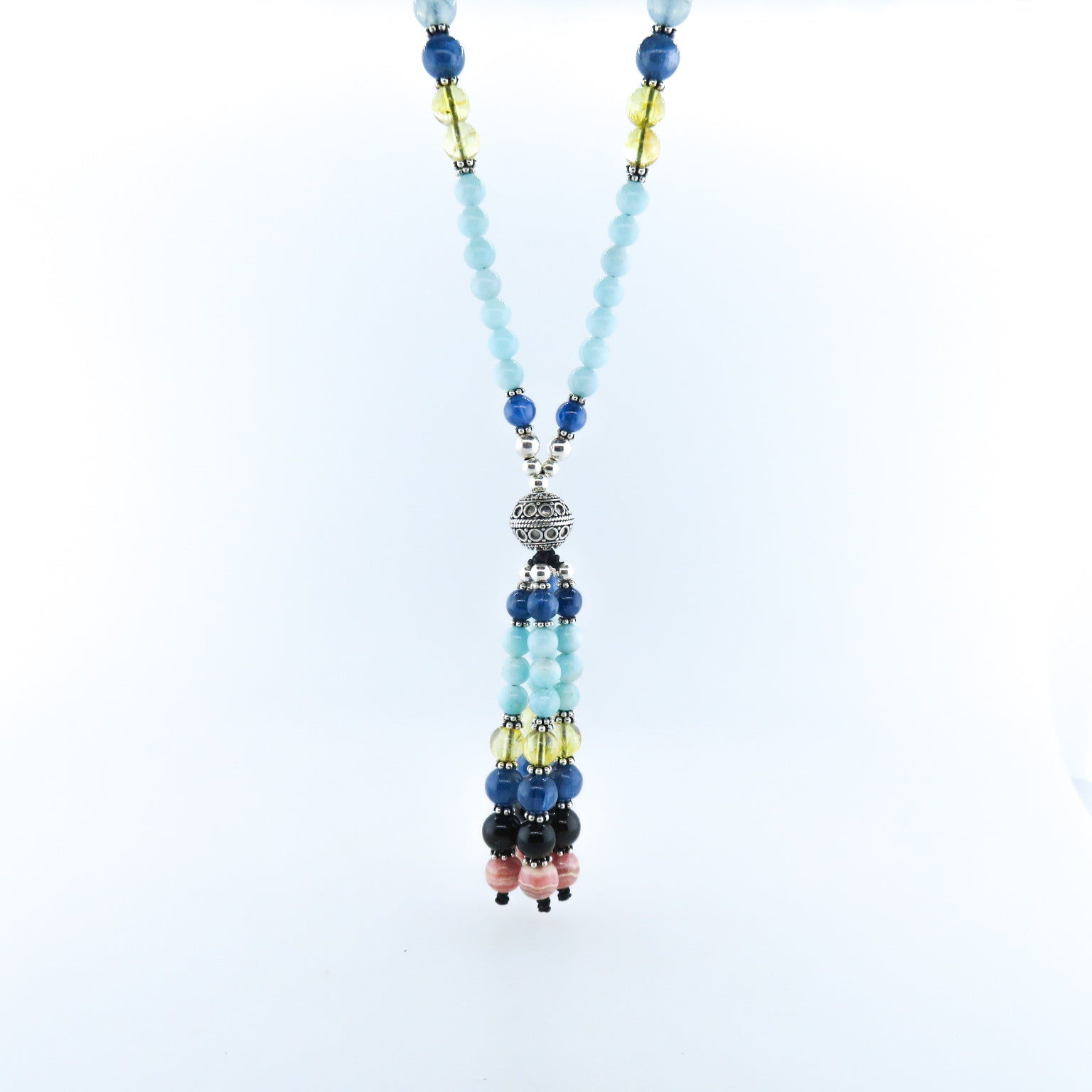 Amazonite Beads Necklace with Citrine, Aquamarine, Rhodochrosite, Tourmaline, Kyanite and Silver Beads