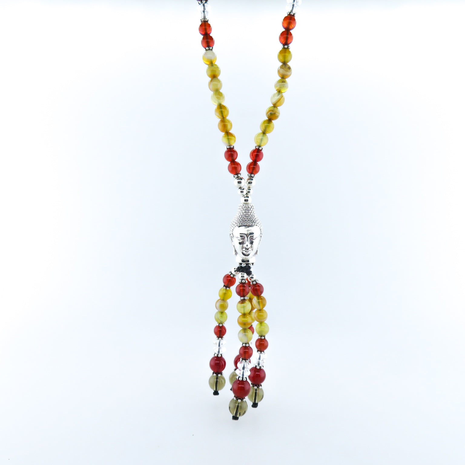 Agate Beads Necklace with Silver Buddha Head, Carnelian, Crystal, Smokey Quartz and Silver Beads