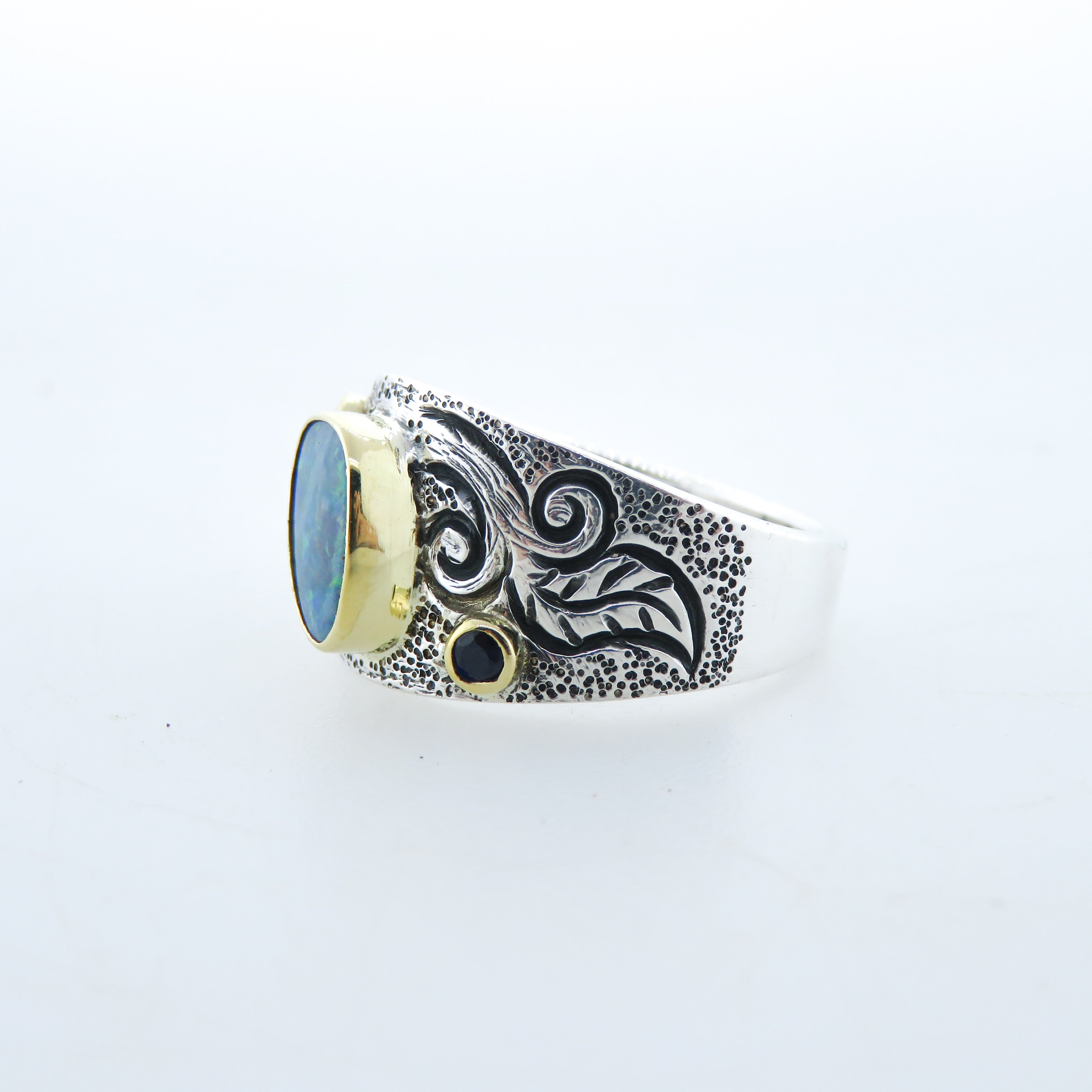 Australian Opal Sterling Silver Ring with Blue Sapphire and 18k Gold