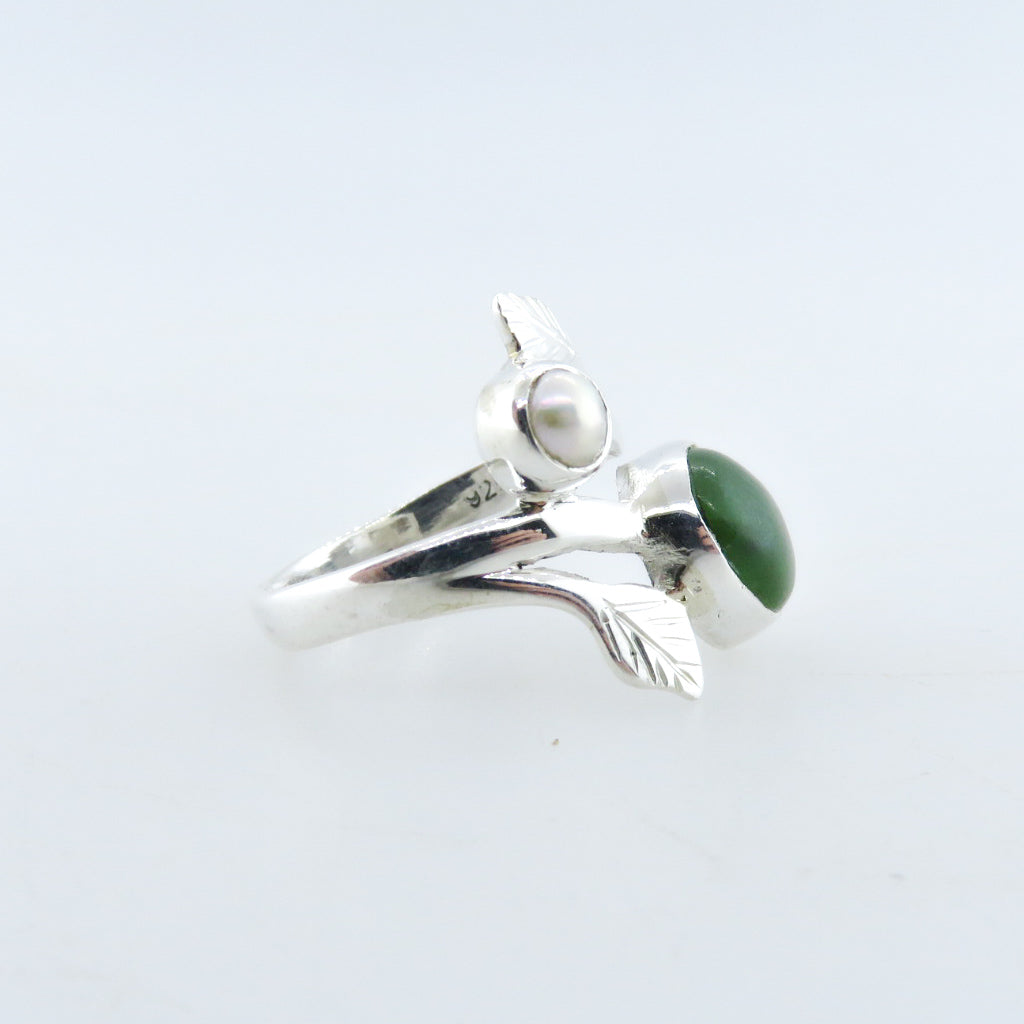 Sterling Silver Ring with Nephrite and Fresh Water Pearl