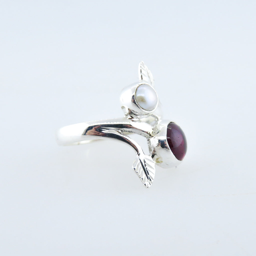 Sterling Silver Ring with Garnet and Fresh Water Pearl