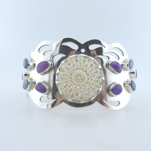 Mother of Pearl (Flower Curved) Sterling Silver Bangle with Kyanite and Sugilite
