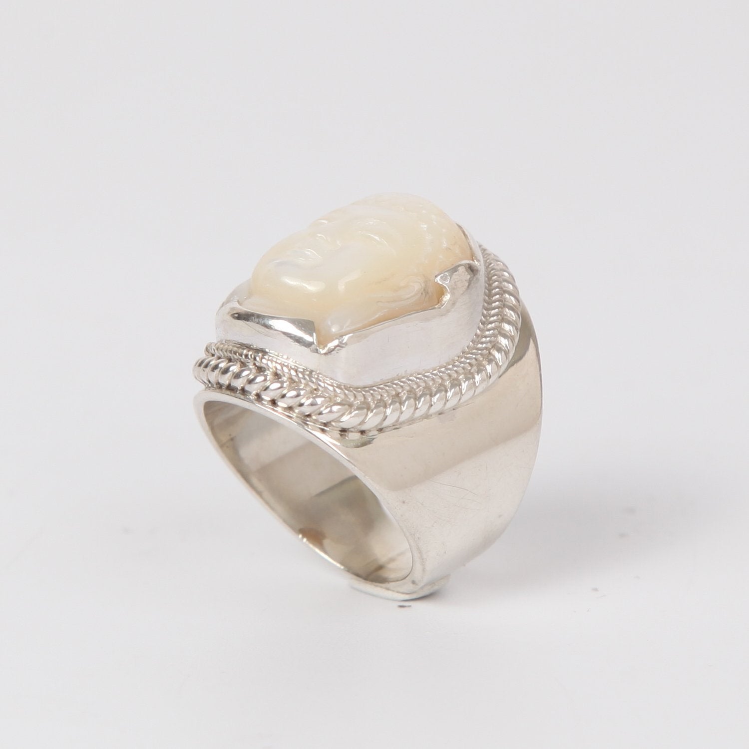 Mother of Pearl Buddha Head Curved Ring with Sterling Silver