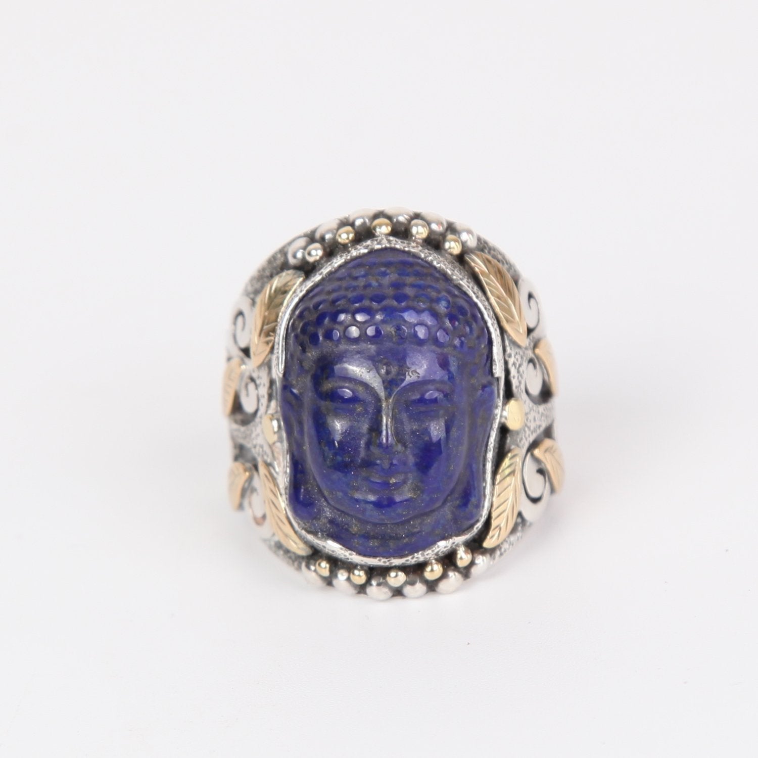 Lapis Lazuli Buddha Head Ring with Sterling Silver and 18k Gold
