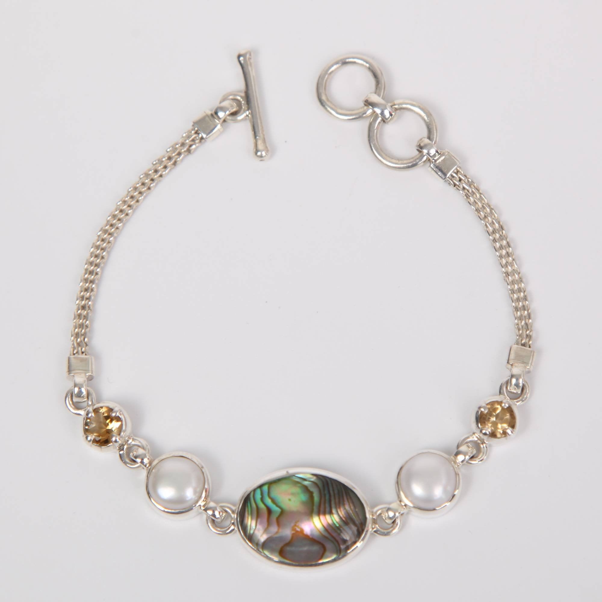 Paua Shell (Rainbow Abalone) Sterling Silver Bracelet with Citrine and Fresh Water Pearl Large
