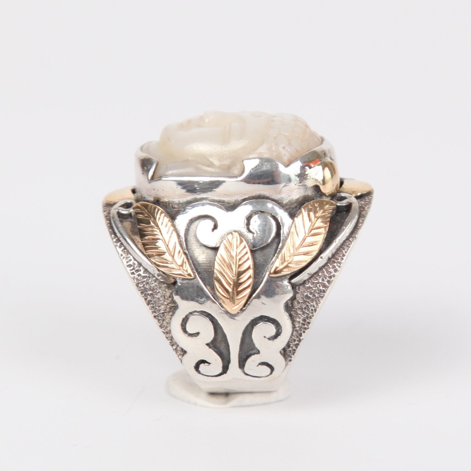 Mother of Pearl Buddha Head Ring with Sterling Silver and 18k Gold