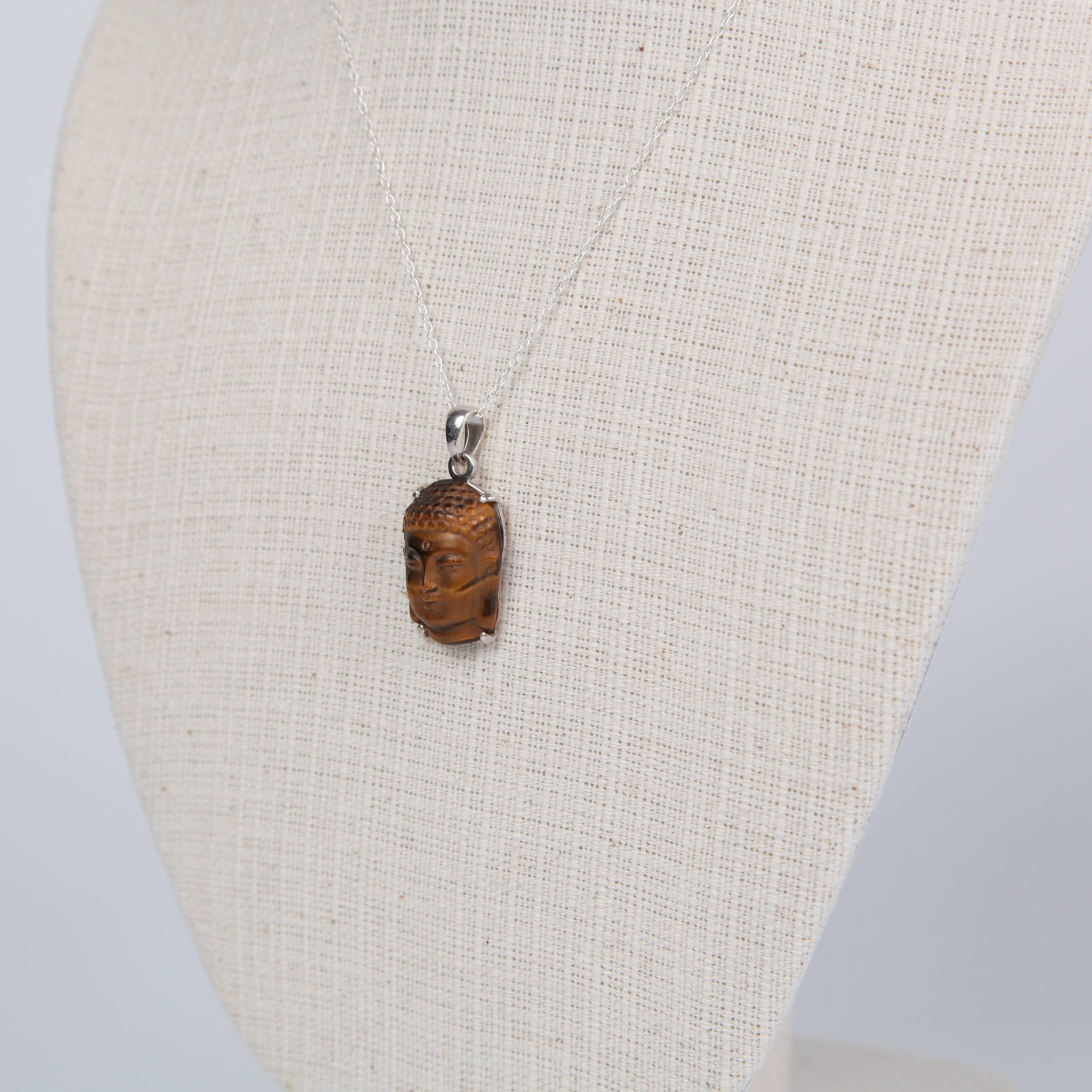 Tiger's Eye Buddha Head Pendant with Sterling Silver Small