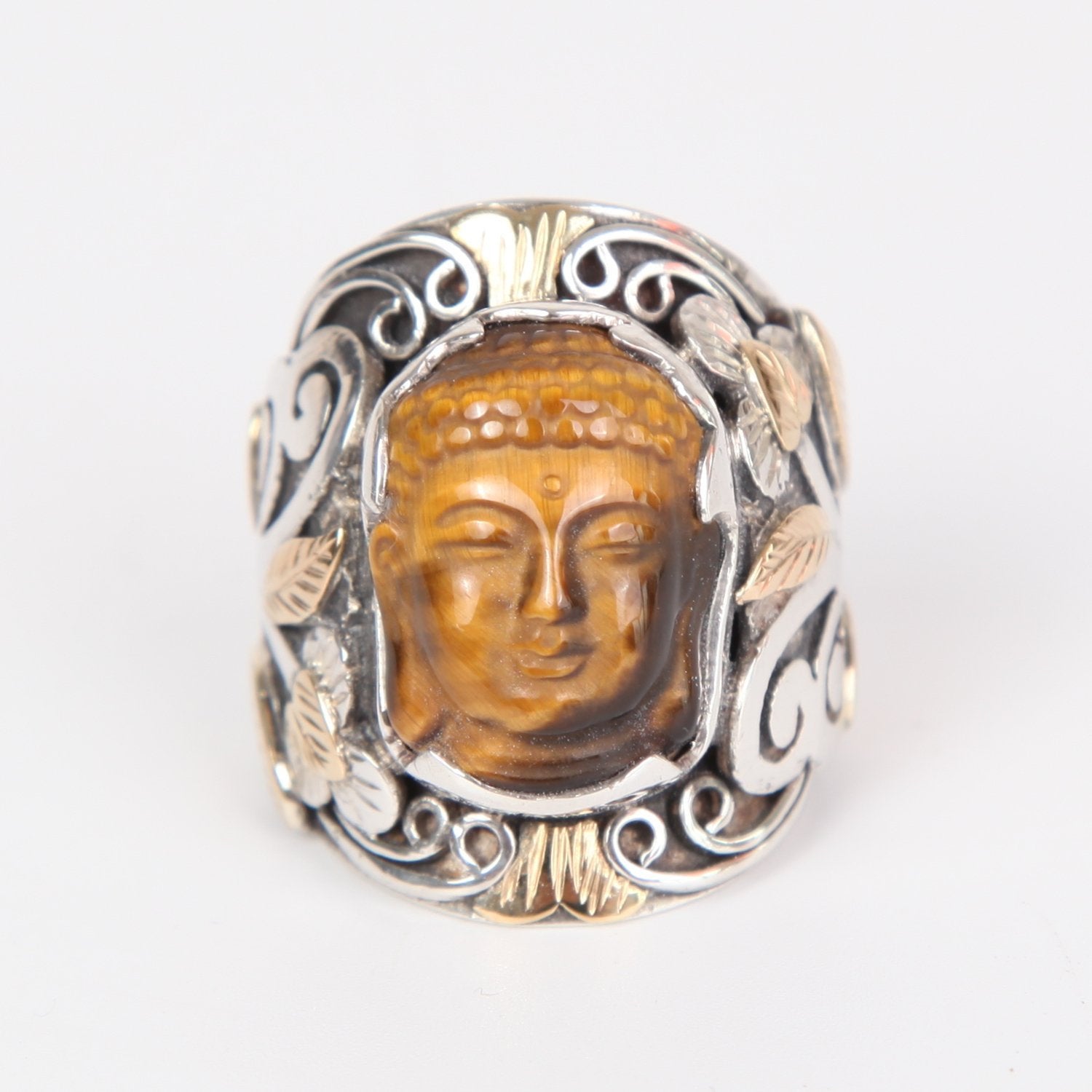 Tiger's Eye Buddha Head Ring with Sterling Silver and 18k