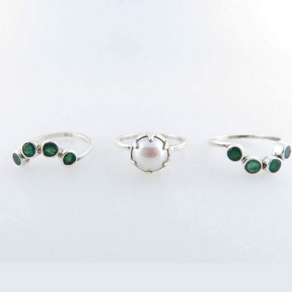 Three Piece Sterling Silver Ring with Fresh Water Pearl and Emerald