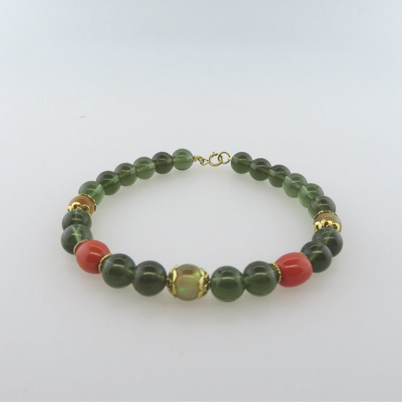 Moldavite 18K Gold Bracelet with Ethiopian Opal and Red Coral