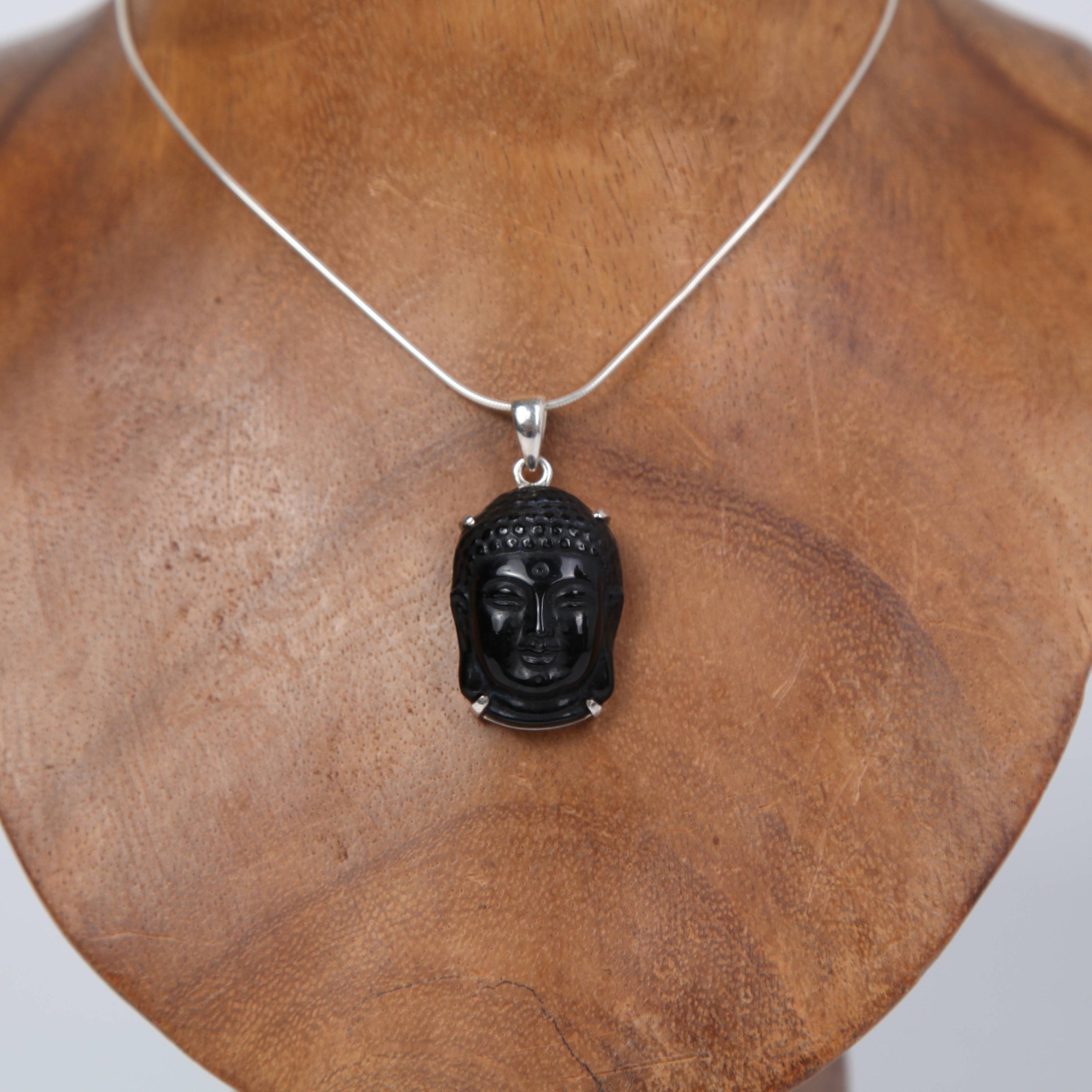 Obsidian Buddha Head Pendant with Sterling Silver Large