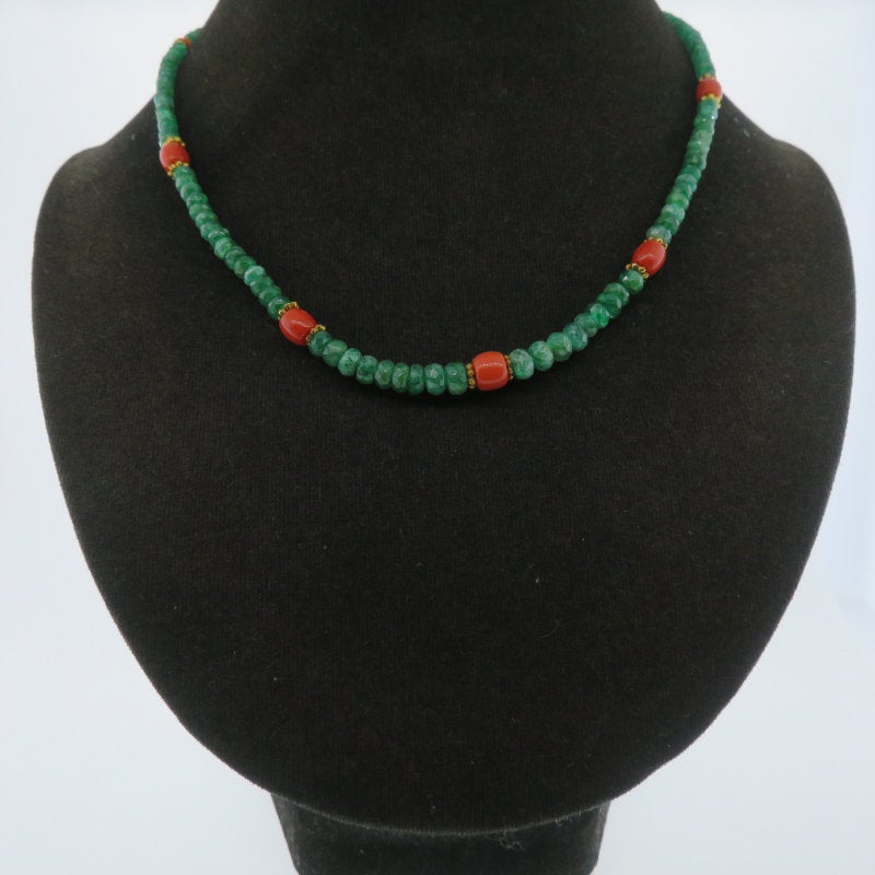 Emerald 18K Gold Necklace with Red Coral