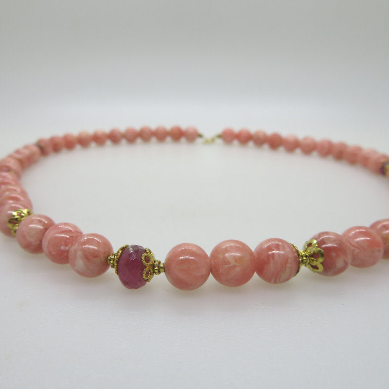 Rhodochrosite  Necklace with Ruby and 18K Gold