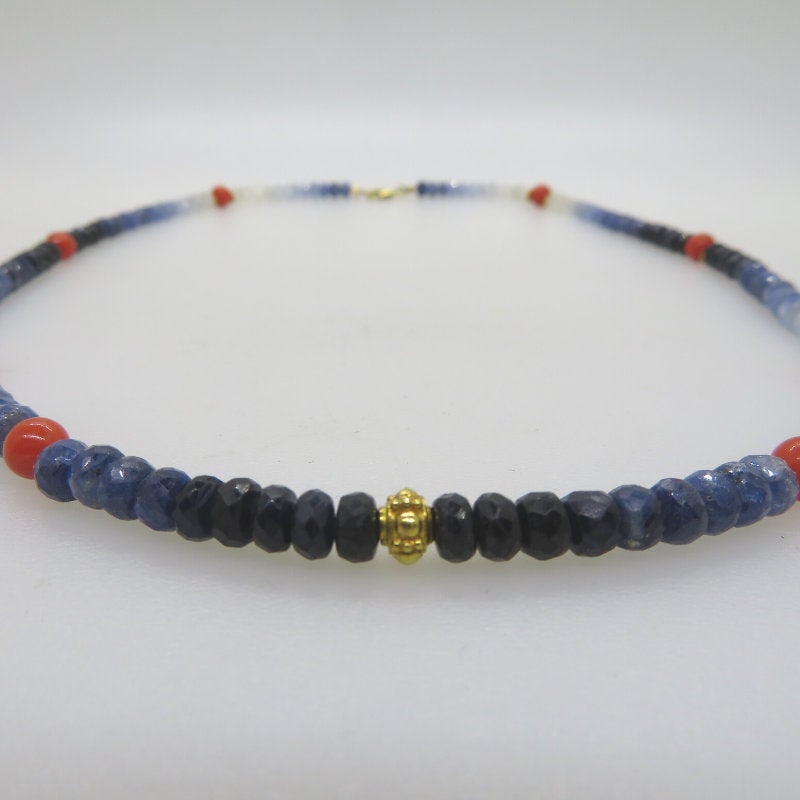 Blue Sapphire with Red Coral and 18K Gold