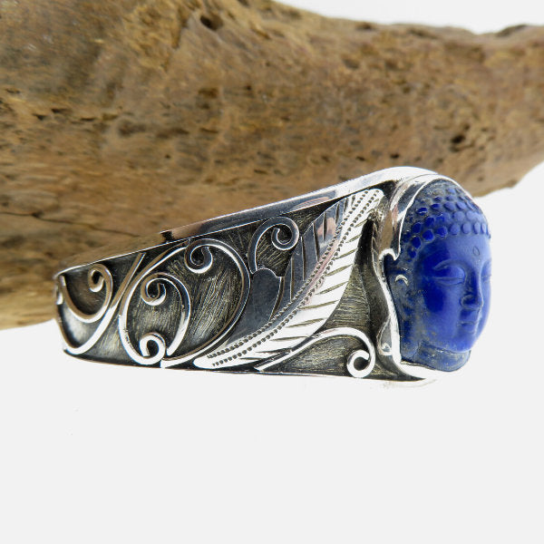 Lapis Lazuli Buddha Head curved Bangle with Sterling Silver