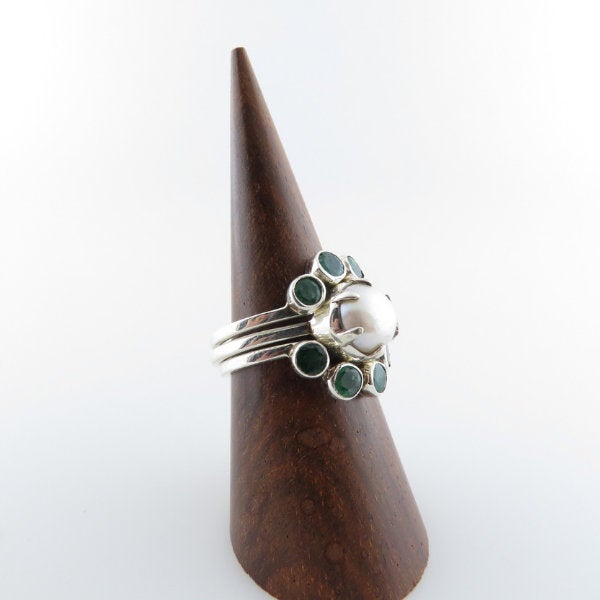 Three Piece Sterling Silver Ring with Fresh Water Pearl and Emerald