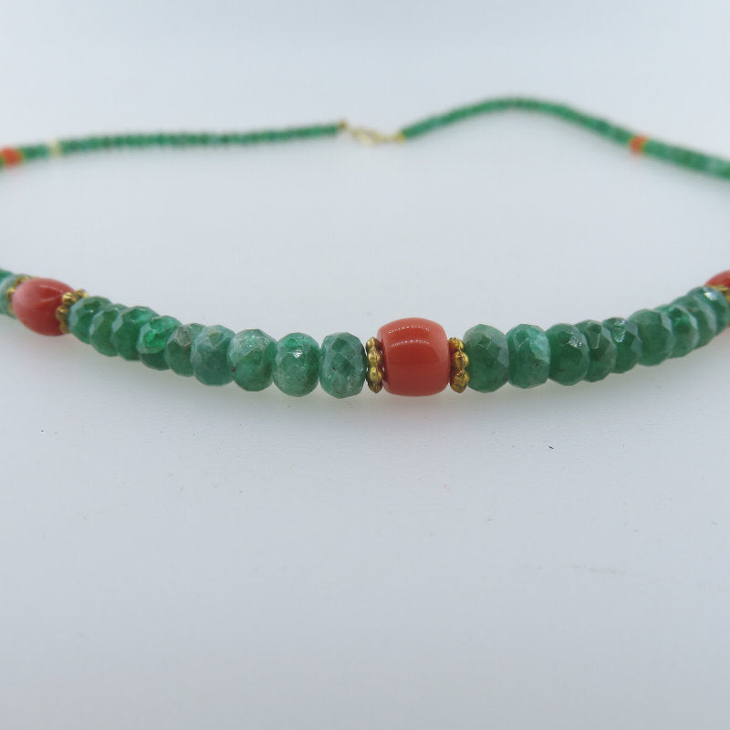 Emerald 18K Gold Necklace with Red Coral