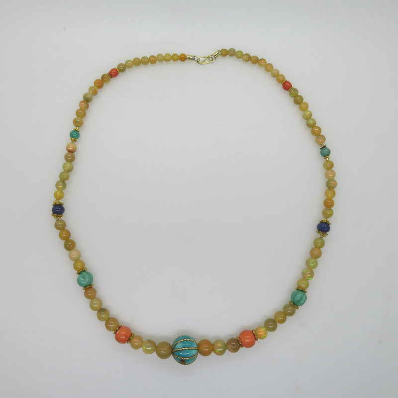 Ethiopian Opal 18K Gold Necklace with Turquoise, Red Coral and Blue Sapphire