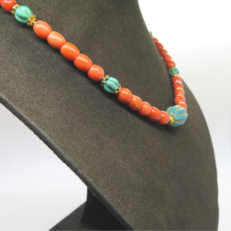 Red Coral 18K Gold Necklace with Turquoise