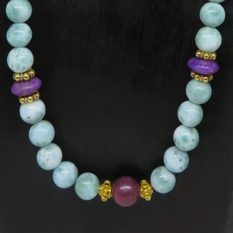 Larimar Stone 18K Gold Necklace with Sugilite