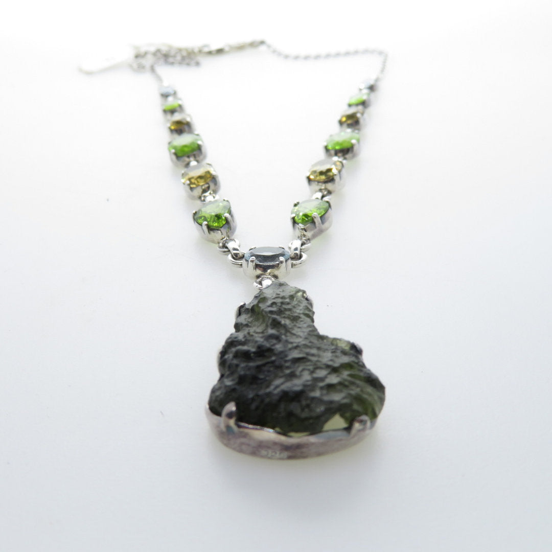Moldavite (meteorite) Sterling Silver Necklace with Citrine and Peridot