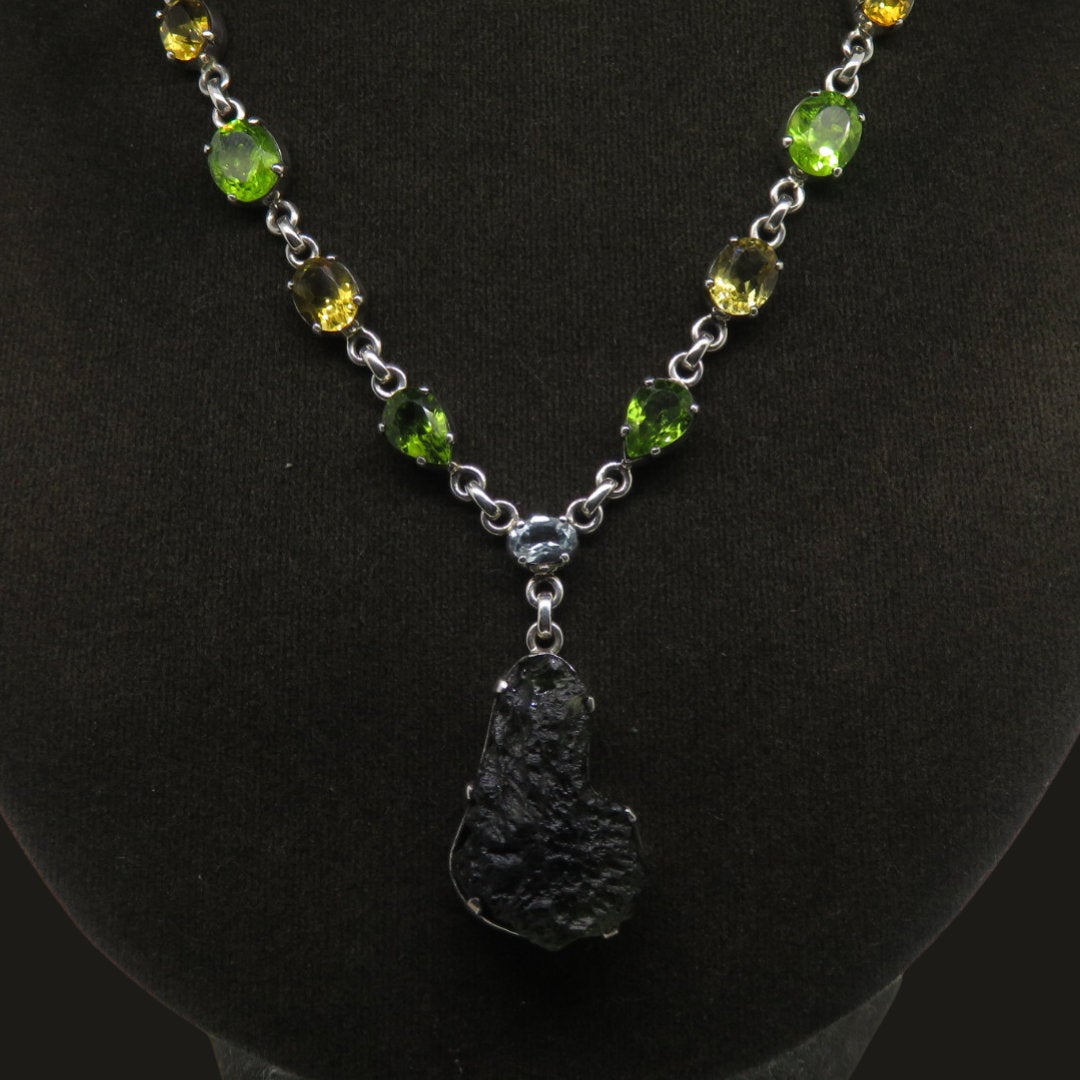 Moldavite (meteorite) Sterling Silver Necklace with Citrine and Peridot